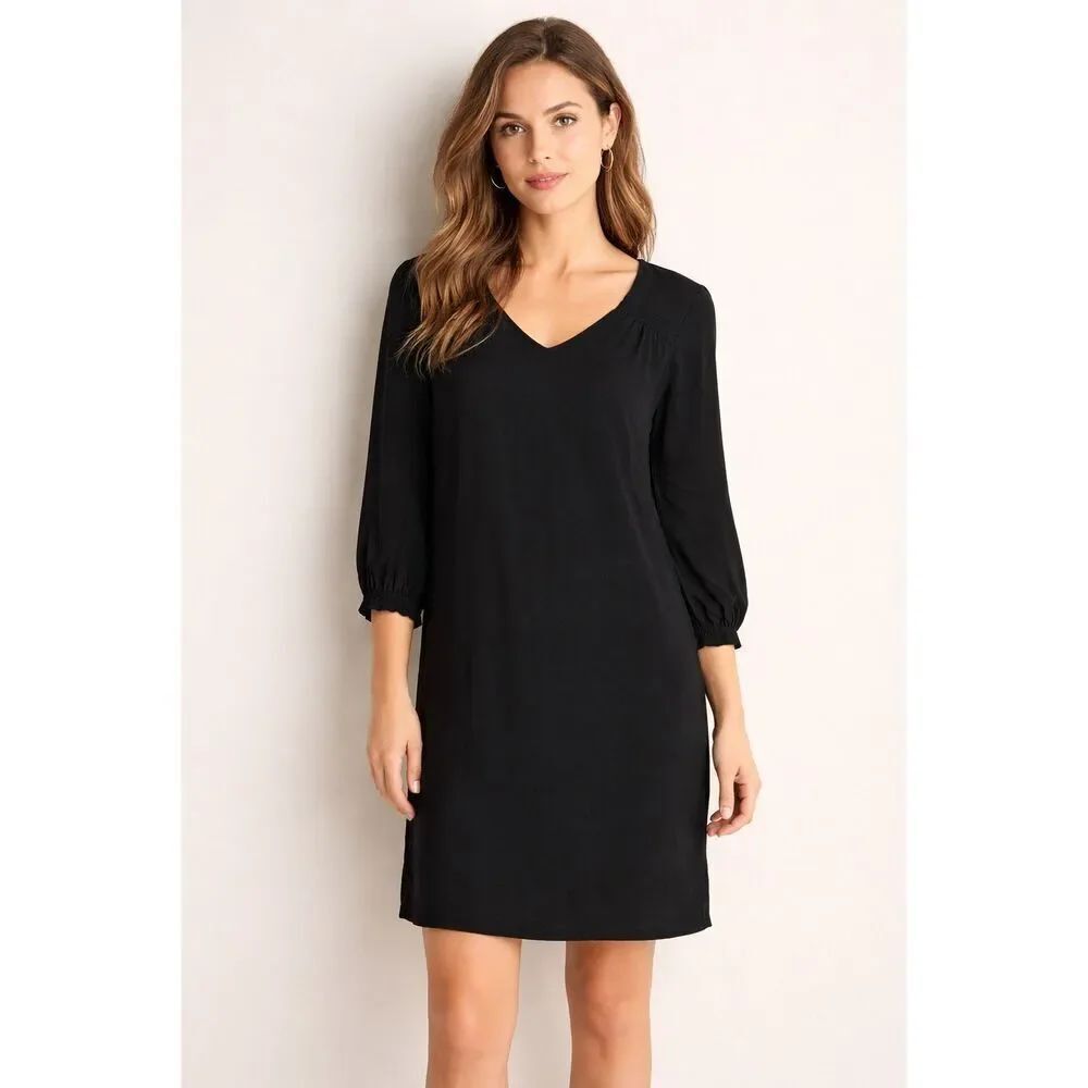 Old Navy Black Shift Dress Petite Small Rayon V Neck 3/4 Sleeve